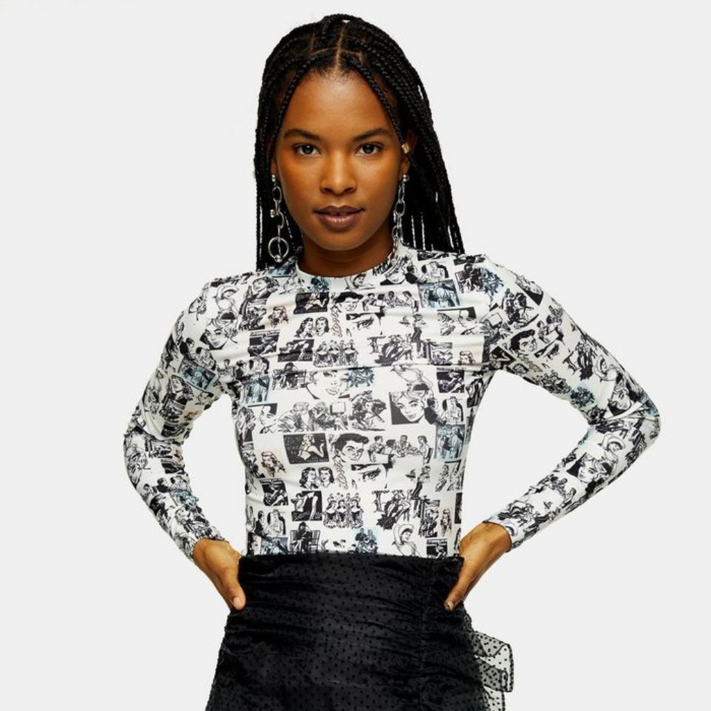 Mesh Comic Strip Long Sleeve Top